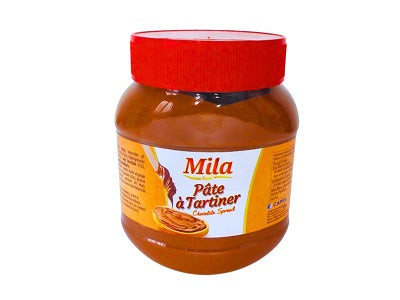 Mila chocolate cocoa spread jar with red lid and glossy brown spread
