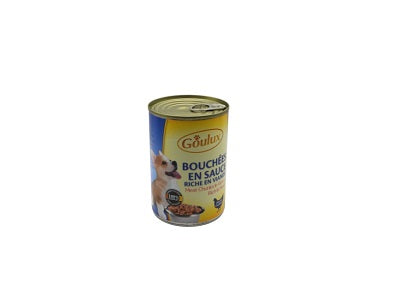 Mila dog food can with gold and blue label, pull-tab lid