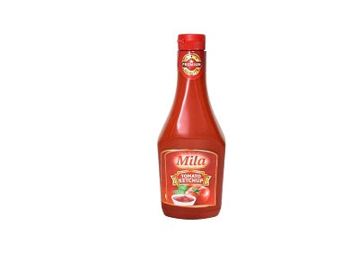 Mila ketchup bottle, red glass bottle with red cap and front label.