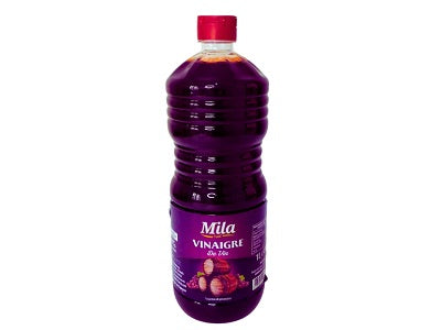1L red wine vinegar bottle with red cap and Mila label
