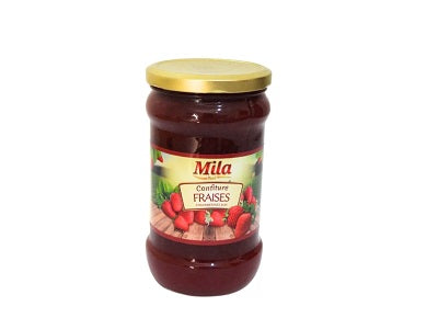Mila strawberry jam jar with dark red fruit preserve and gold lid