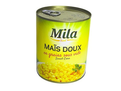 Canned sweet corn in a green and yellow Mila can with pull-top lid