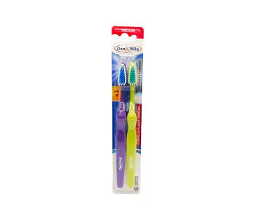 Dan & Mila medium toothbrushes, 2-pack with blue bristles in blister packaging