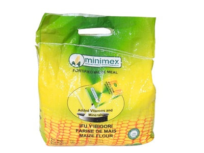 Minimex fortified maize flour bag, yellow and green with handle opening