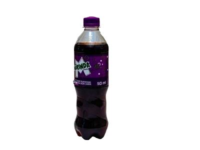 Mirinda fruity soft drink bottle, 500 ml, dark purple liquid, purple cap and label