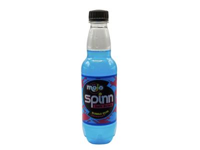330ml soft drink bottle, Spinn Bubble Gum flavor, bright blue drink with black cap