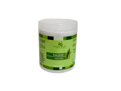 Body scrub jar with Aloe Vera label and white lid