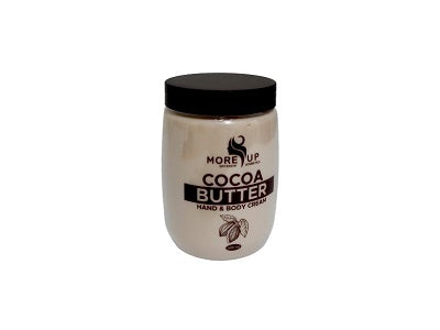 Cocoa butter body cream jar with black lid and beige label, plastic container