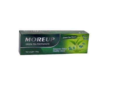 Moreup green tea toothpaste box, mint-green label, 120 g