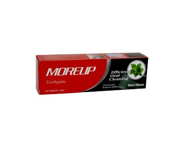 Moreup mint toothpaste, 120g box with red and green front label