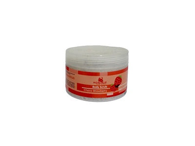 Chocolate-strawberry body scrub jar with white lid and red label, plastic container
