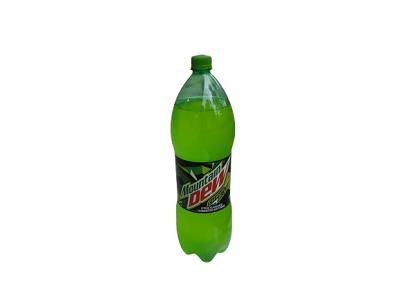 Moutain Dew 2L green soda bottle with green cap and front label