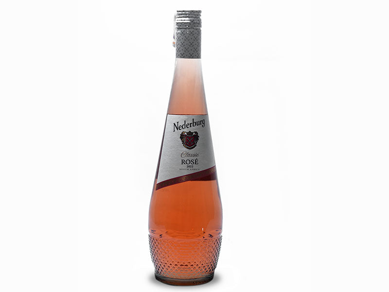 Nederburg rosé wine bottle with silver label and textured lower glass