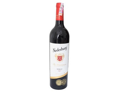 Nederburg red wine bottle with red foil top and gold-accent label