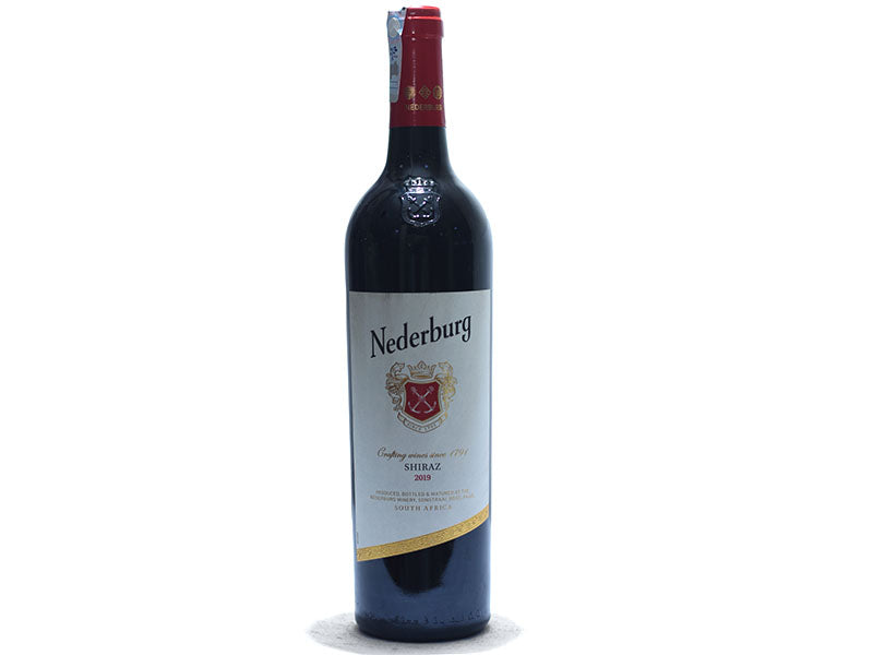 Nederburg Shiraz red wine bottle with red foil top and light label
