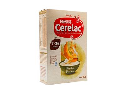 Nestle Cerelac wheat and banana baby cereal box, 7–36 months, 400 g