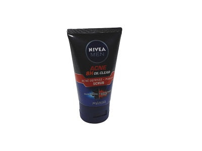 Nivea Men Acne Clear Scrub squeeze tube, dark blue with red label