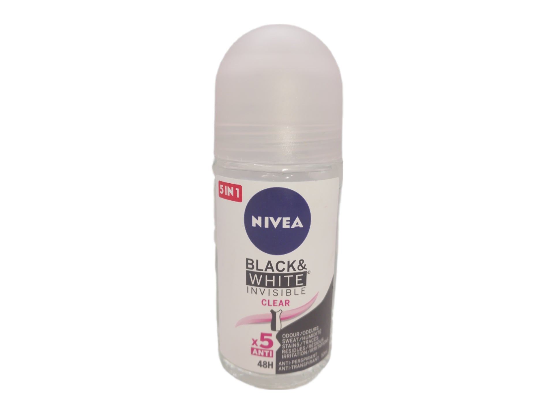 Nivea Men Black & White Invisible deodorant roll-on, 5 in 1, clear cap