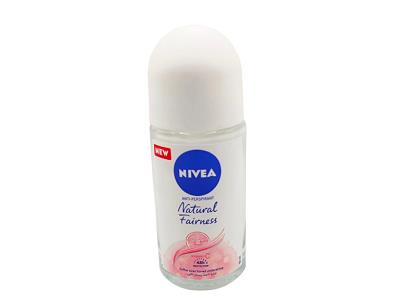 NIVEA Natural Fairness roll-on deodorant, white bottle with soft pink label