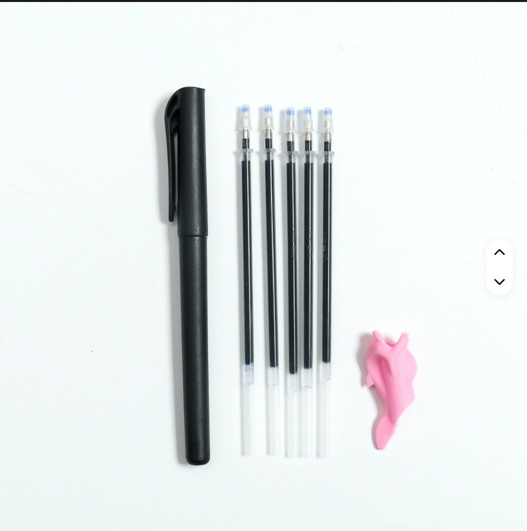 Black stylus pen and six accessory markers for kids’ practice copybooks