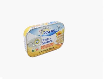 Odyssee sardine fillets tin in metal can, yellow and blue label, 100 g