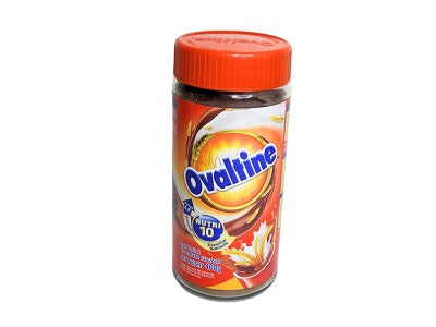 Ovaltine chocolate drink jar with red screw cap and colorful front label