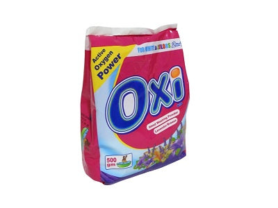 Oxi washing powder bag, purple and white, 500 g, floral scent panel