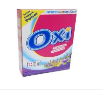 Oxi washing powder bag, purple and white with “whites & colors” front text