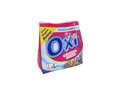Oxi washing powder bag, purple and white, 1 kg, floral design