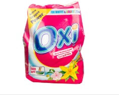 Oxi washing powder bag, purple and pink, blue Oxi logo on front