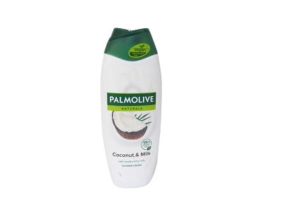 Palmolive Naturals coconut & milk shower gel bottle, white with green cap and label