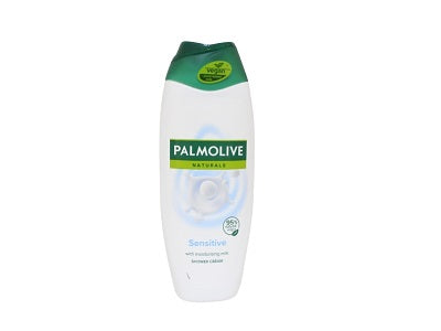 Palmolive Naturals Sensitive shower gel bottle, white with green cap and label