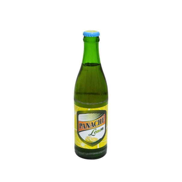 Green glass lemonade bottle with blue cap, Panach' Lemon label