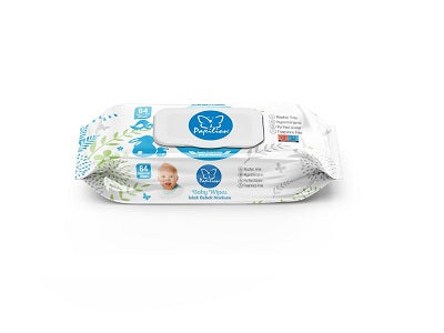 Baby standard wet wipes, 64-count pack in white and light blue wrapper