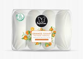 Papilion orange soap bar, 280g wrapped in white packaging with orange flower print