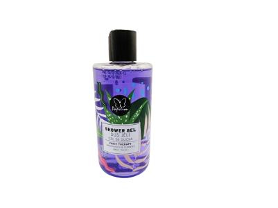 Shower gel bottle with pump, translucent purple with decorative label