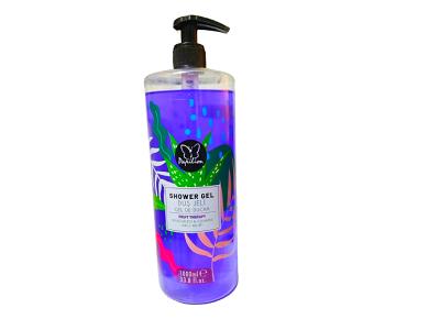 Shower gel bottle with pump, translucent purple with blue decorative label