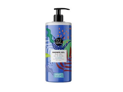 Shower gel bottle with pump, clear blue with decorative label