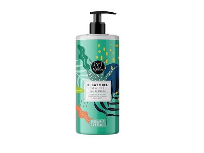 Shower gel bottle with pump, translucent green with decorative label
