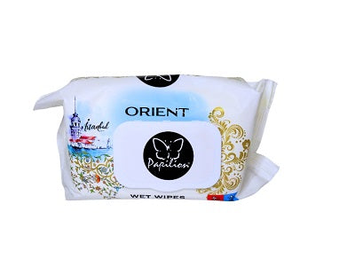 Orient wet wipes, 120-count, white wrapper with gold accents