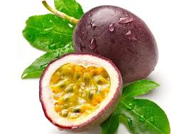 Passion fruit: dark purple whole fruit with yellow seed-filled half and green leaves