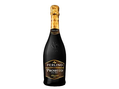 Perlino Prosecco brut champagne bottle with gold foil cap and black label