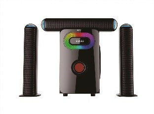 Portable radio with two tall speaker towers and central control display