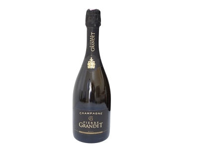 Brut champagne bottle with dark glass, black capsule, gold crest and front label