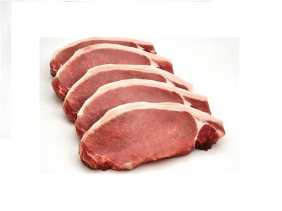 Raw pork chops with visible fat and marbling, stacked in a neat row