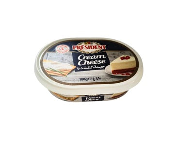President cream cheese tub, 180g, round plastic container with cream label and scoop illustration