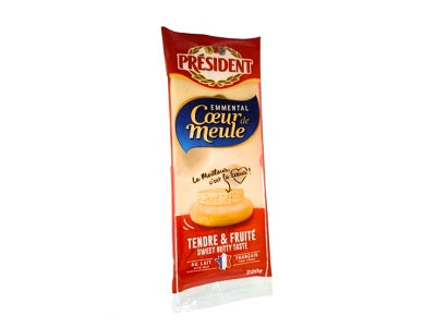 President Emmental cheese 220g wrapped package, blue and beige label with red accents