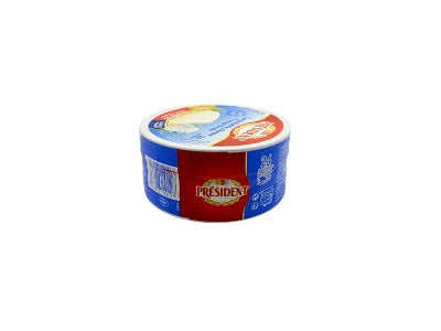 President spreadable cheese tub, 360 g, blue/red lid and label