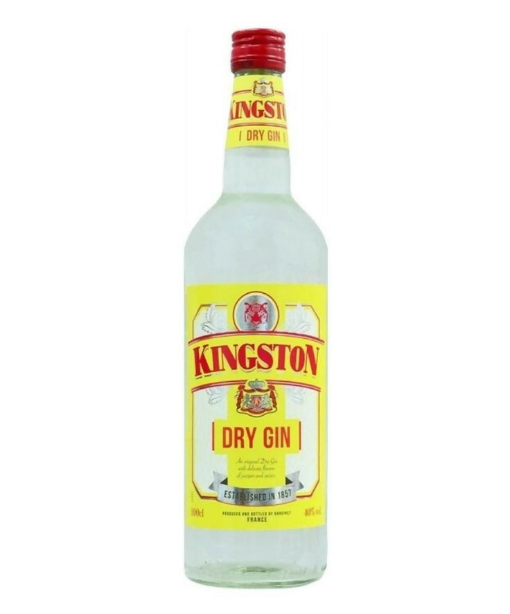 Kingston dry gin bottle with red cap and yellow label