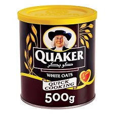 Quaker white oats canister, 500 g; yellow lid and dark label with brand graphic